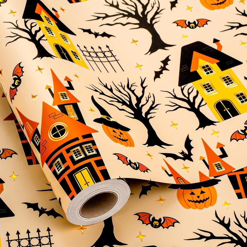 Yarcony Halloween Wrapping Paper Roll - 17 Inch X 33 Feet - Metallic Foil Classic Orange Haunted House, Pumpkin and Bat Pattern Gift Wrap Paper Sheet for Halloween's Day, Holiday Decorations, Birthday - Image 1